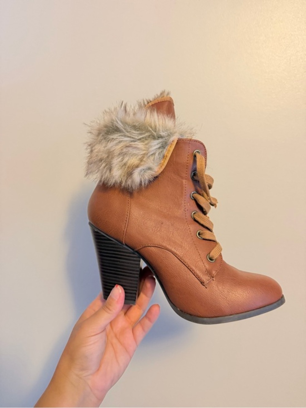 Charlotte Russe Brown Faux Fur Lace-Up Ankle Boots - Size 7